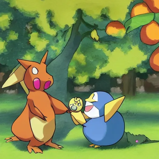 Prompt: pokemon eating an apple under a tree