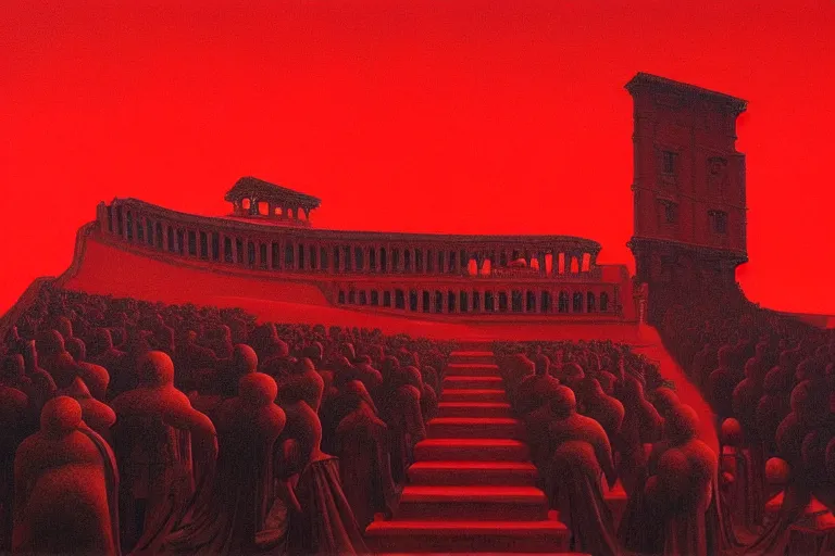 Image similar to only with red, a red great emperor, taormina amphitheatre, crowd with big smile, in the style of beksinski, parts by edward hopper, parts by rodcenko, parts by yue minjun, intricate and epic composition, red by caravaggio, insanely quality, highly detailed, masterpiece, red light, artstation, 4 k