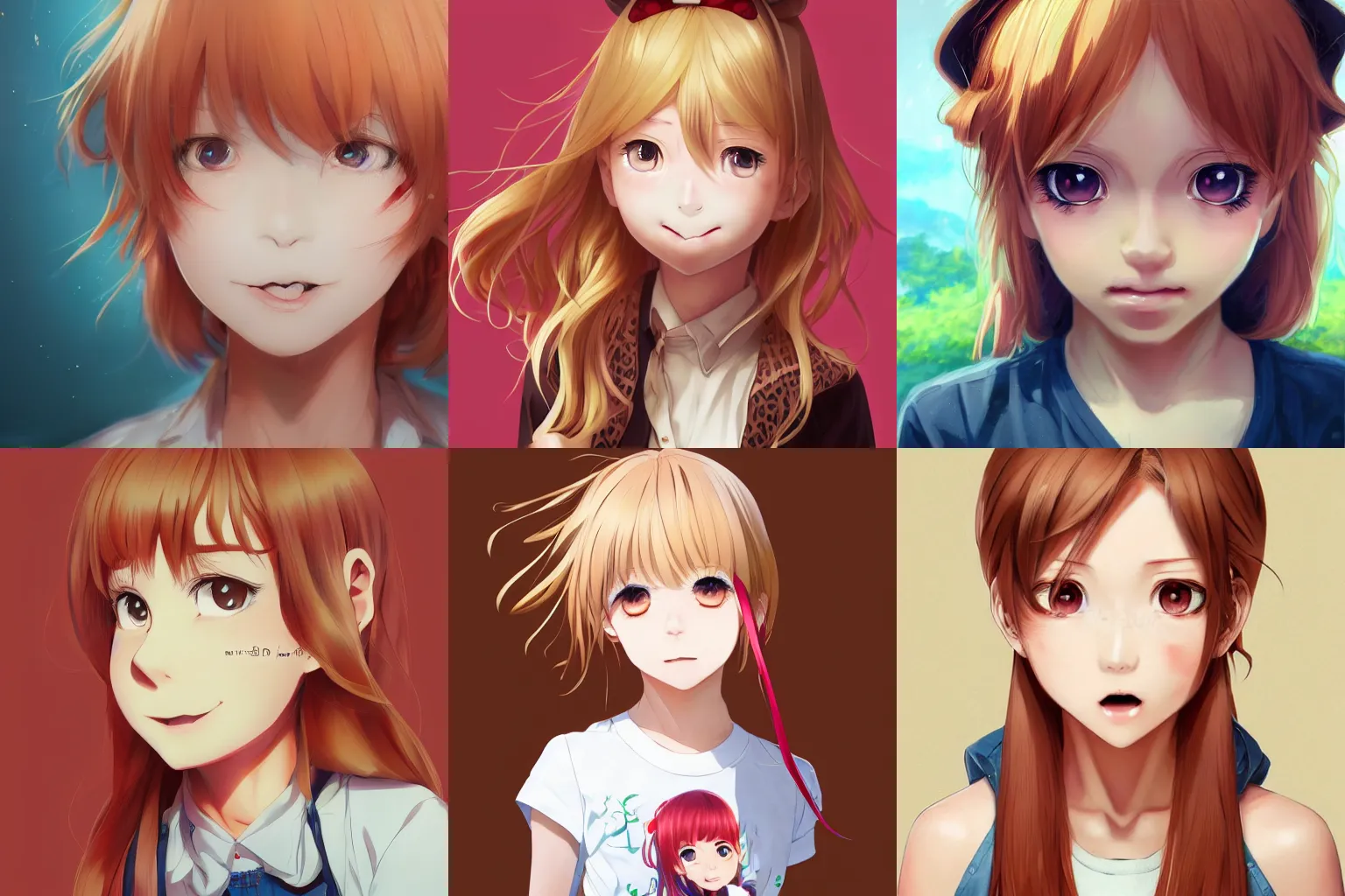 Prompt: An anime portrait of a happy girl with straight strawberry-blonde hair, brown eyes, wearing a shirt, closed lips, closed mouth, young child, by Stanley Artgerm Lau, WLOP, Rossdraws, James Jean, Andrei Riabovitchev, Marc Simonetti, and Sakimi chan, trending on artstation