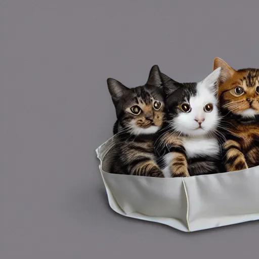 Prompt: a highly detailed photo of multiple furry cats, they are inside a big bag, gray background, studio lighting, 4 k, 8 k