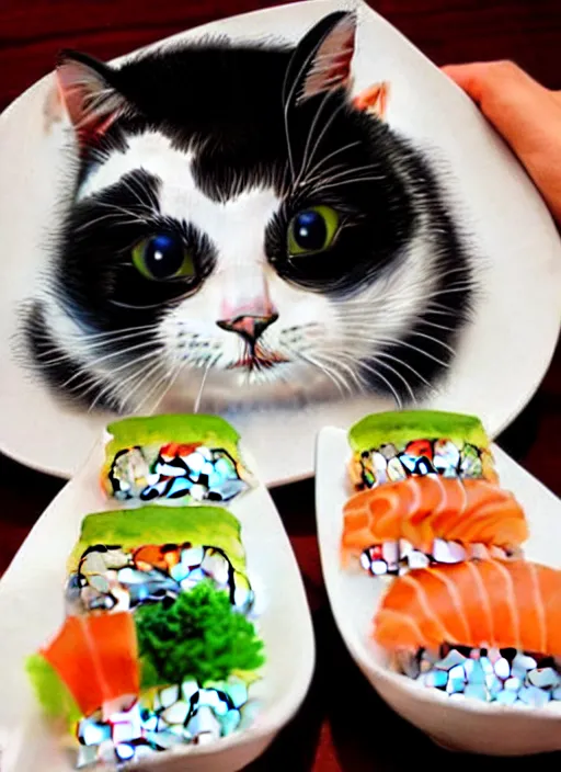 Image similar to clear photorealistic picture of adorable cats made out of sushi