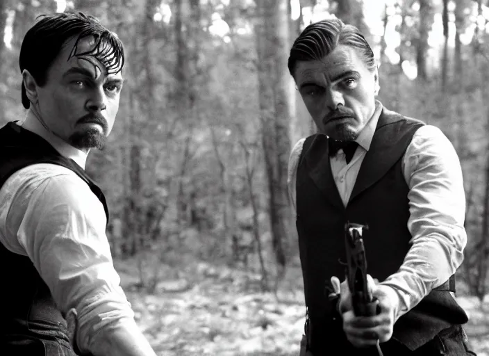 Image similar to an action scene from the movie scarface, medium long shot, costumes from peaky blinders, filmed in the dark woods, a cabin in the background, leonardo dicaprio and daniel day - lewis, sharp eyes, serious expressions, detailed and symmetric faces, black and white, cinematic, epic,