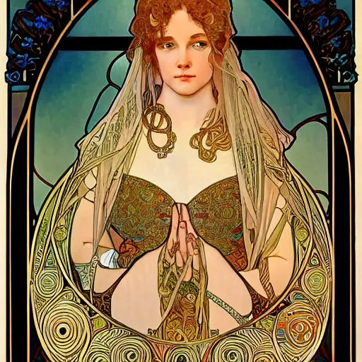 Prompt: realistic detailed face portrait of a beautiful young woman as Celestial Astrology Aquarius by Alphonse Mucha, Greg Hildebrandt, and Mark Brooks, gilded details, spirals, Neo-Gothic, gothic, Art Nouveau, ornate medieval religious icon