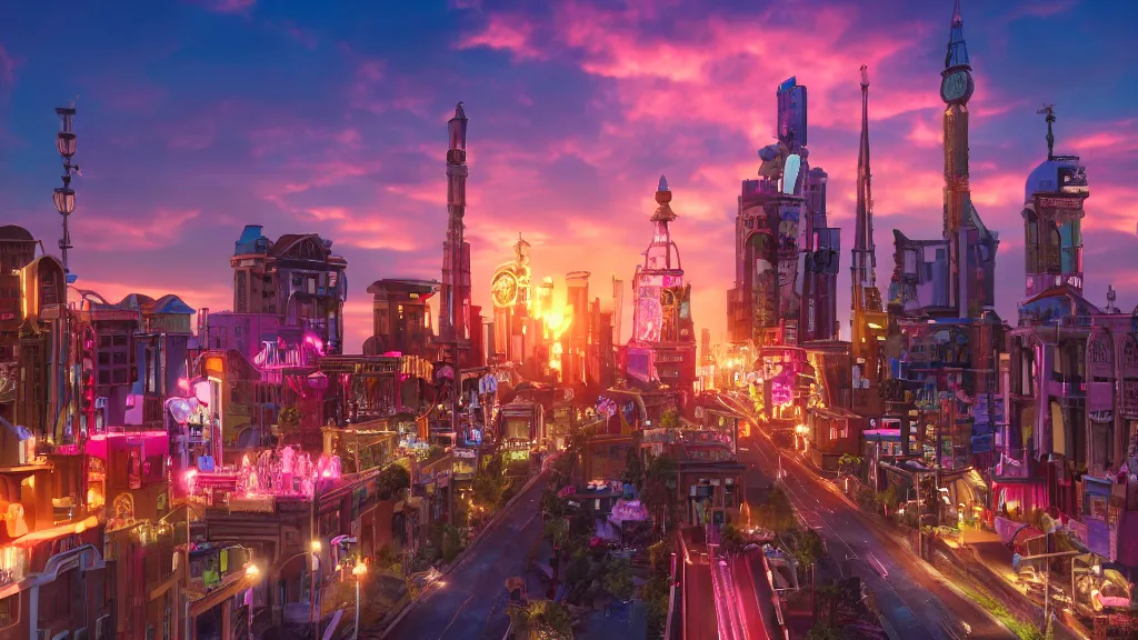 Image similar to a beautiful photograph of barbies city, sunset lighting, rim light, hyper realistic, 1 0 5 mm, cinematic frame