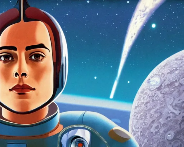 Image similar to a headshot head shot portrait of Alain Delon twins pilot in spacesuit on field forrest spaceship station landing laying lake artillery outer worlds shadows in FANTASTIC PLANET La planète sauvage animation by René Laloux