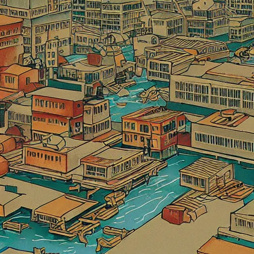 Prompt: japanese fishing town, japanese city, underground city, 2 0 0 1 anime, cel - shading, compact buildings, sepia sunshine