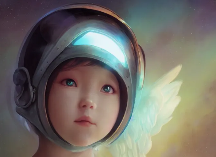 Image similar to angel baby cherub wearing a balaclava ski mask face covered role in a musical sci - fi space opera ghibli animated film, volumetric lighting, octane render by stanley artgerm lau, greg rutkowski, thomas kindkade, alphonse mucha, loish, norman rockwel,