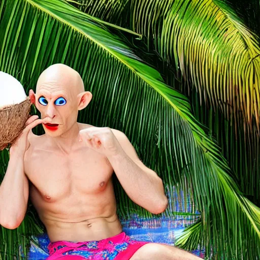 Prompt: nosferatu sunbathing on the beach and drinking from a fresh coconut, colorful photograph, beautiful day, professional