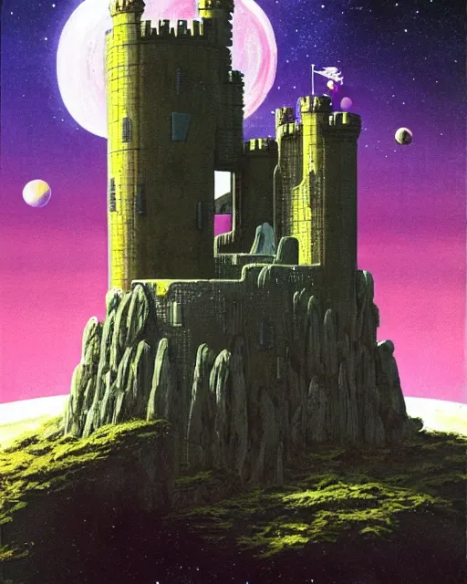 Image similar to a castle in outer space in the style of chris foss and rodger dean