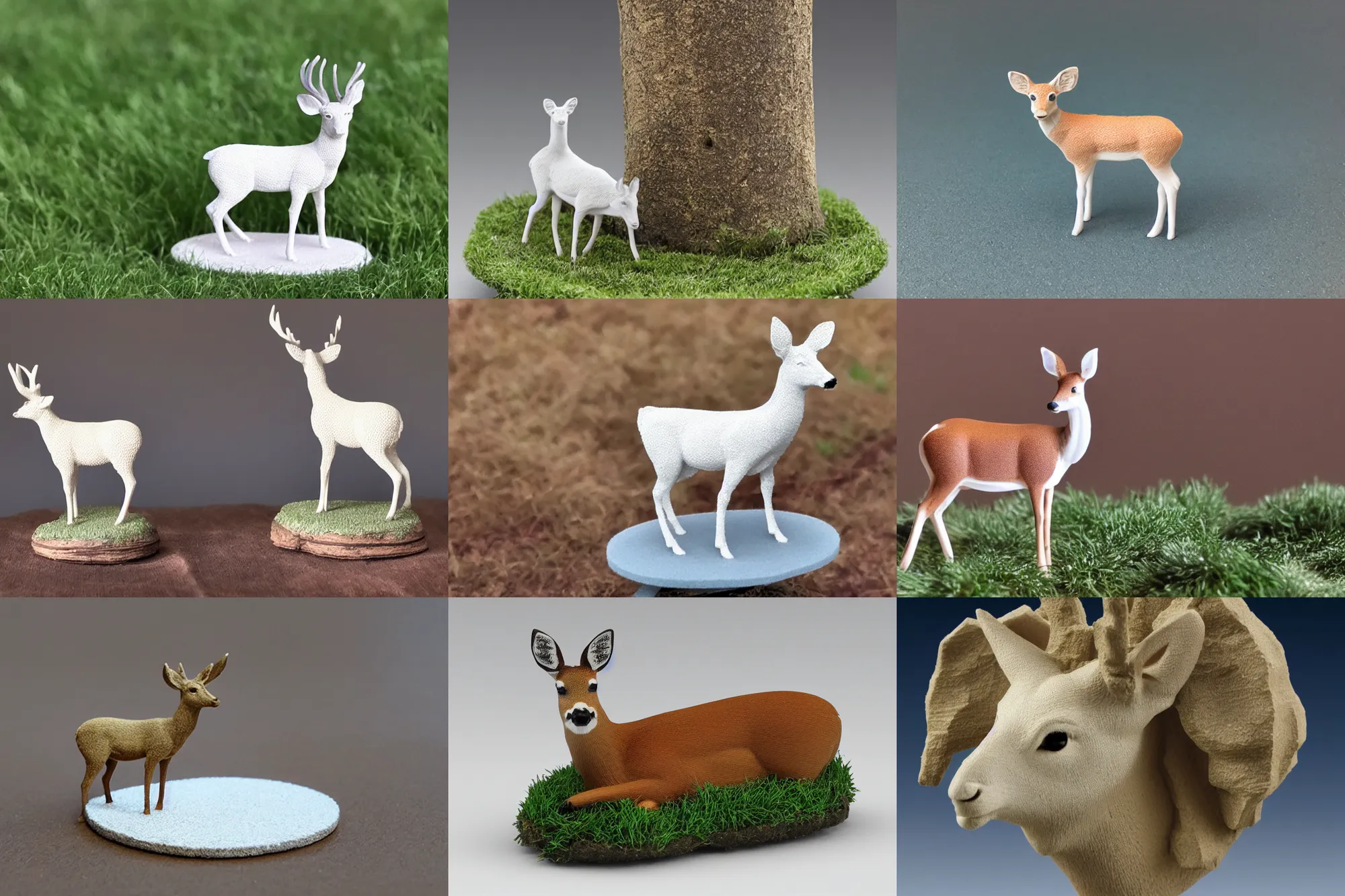 Prompt: 3 d printed figurine of a white - tailed deer on cylindrical base, grassy knoll