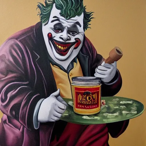 Prompt: painting of the morbidly obese joker drinking a jar of gravy, 8k, very intricate, very detailed, cinematic,