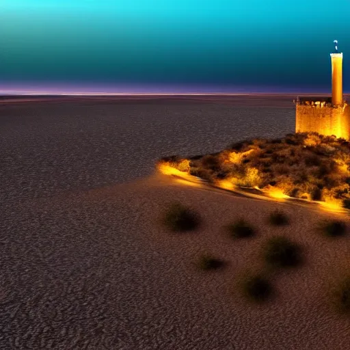 Image similar to desert at night filled with beasts, tall white tower in the background, HD,