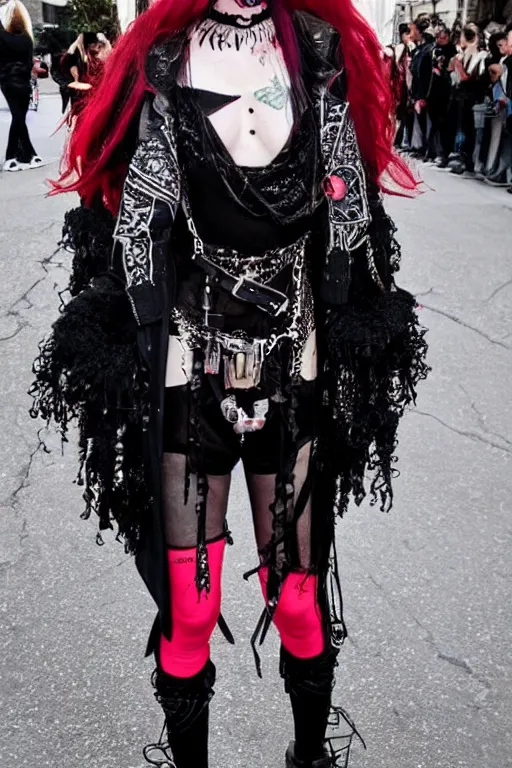 Prompt: beautiful black-and-red haired goth girl, hyper-maximalist, highly-detailed and intricate, Rick Owens, pastel goth, trending on r/streetwear, outfit photo, we see them from head to toe