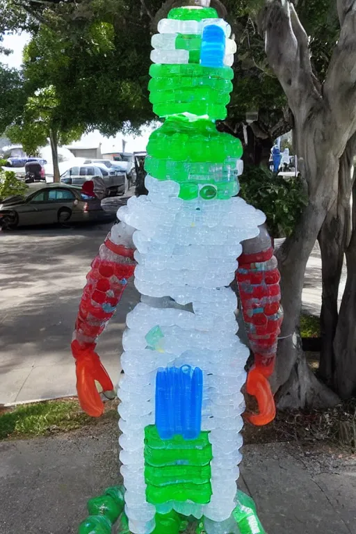 Prompt: a statue of Captain Planet made entirely out of plastic bottles, drinking straws, bottle caps, and plastic bags