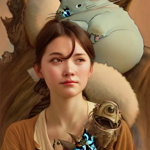 Image similar to portrait of a totoro woman, detailed, centered, digital painting, artstation, concept art, donato giancola, alphonse mucha, Joseph Christian Leyendecker, WLOP, Boris Vallejo, Breathtaking, 8k resolution, extremely detailed, beautiful, establishing shot, artistic, hyperrealistic, beautiful face, octane render