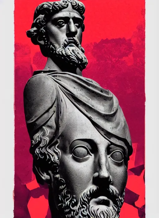 Prompt: design poster showing a statue of marcus aurelius, black background with very subtle red and purple design elements, gradients, powerful, nekro, guido crepax, graphic design, collage art, thin lines, dark, glitch art, neo vaporwave, gritty, layout frame, square, trending on artstation