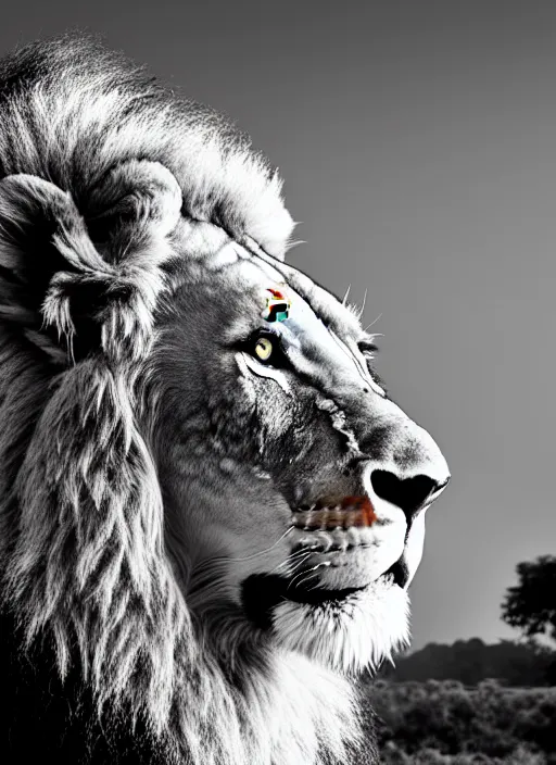 Image similar to lion and lioness black and white portrait white sky in background