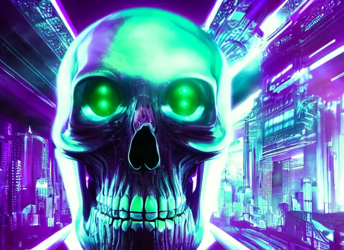 Image similar to a futuristic skull with glowing eyes and a purple background, cyberpunk art by android jones, behance contest winner, computer art, darksynth, synthwave, rendered in cinema 4 d