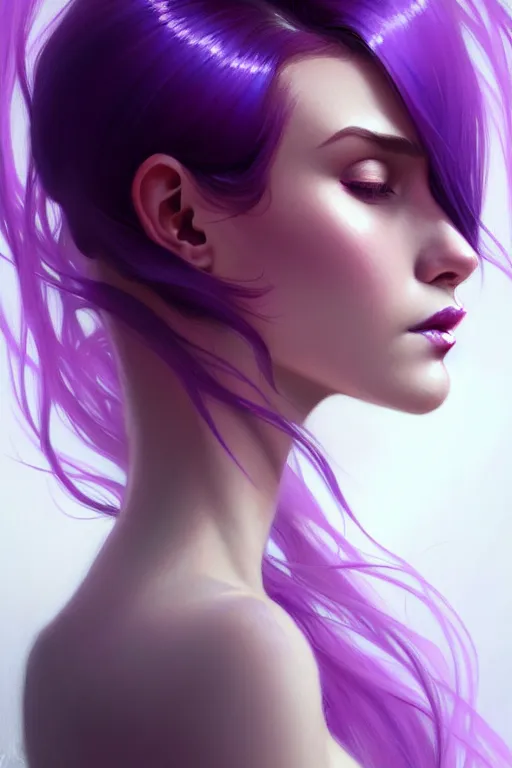 Image similar to Purple hair, creative colouring Portrait of woman face profile, fashion, colored strands of hair, intricate, elegant, highly detailed, digital painting, artstation, concept art, smooth, sharp focus, illustration, art by artgerm and greg rutkowski and alphonse mucha