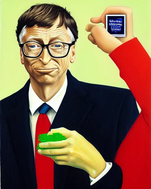 Image similar to a realistic detailed portrait of bill gates eating a microchip, painting by magritte