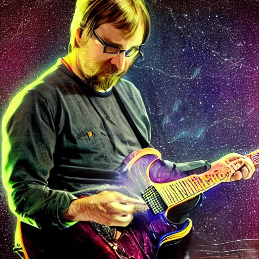 Image similar to a Trey Anastasio guitarist playing so intensely there is electricity shooting out from his guitar, energy beams under his finger tips, and magic sparkles from the freboard, amazing ditial art, trending on artstation, featured on deviantart