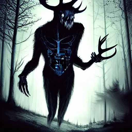 Prompt: in the style of artgerm, peter mohrbacker, rafael albuquerque, wendigo in the forest emerging from the shadows, deer skull face, antlers, fog, full moon, moody lighting, horror scary terror