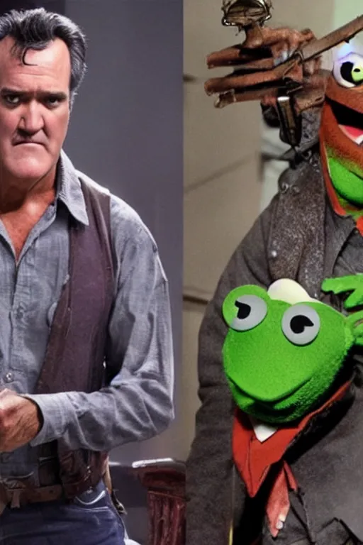 Image similar to Bruce Campbell starring in Evil Dead 2 Muppets movie