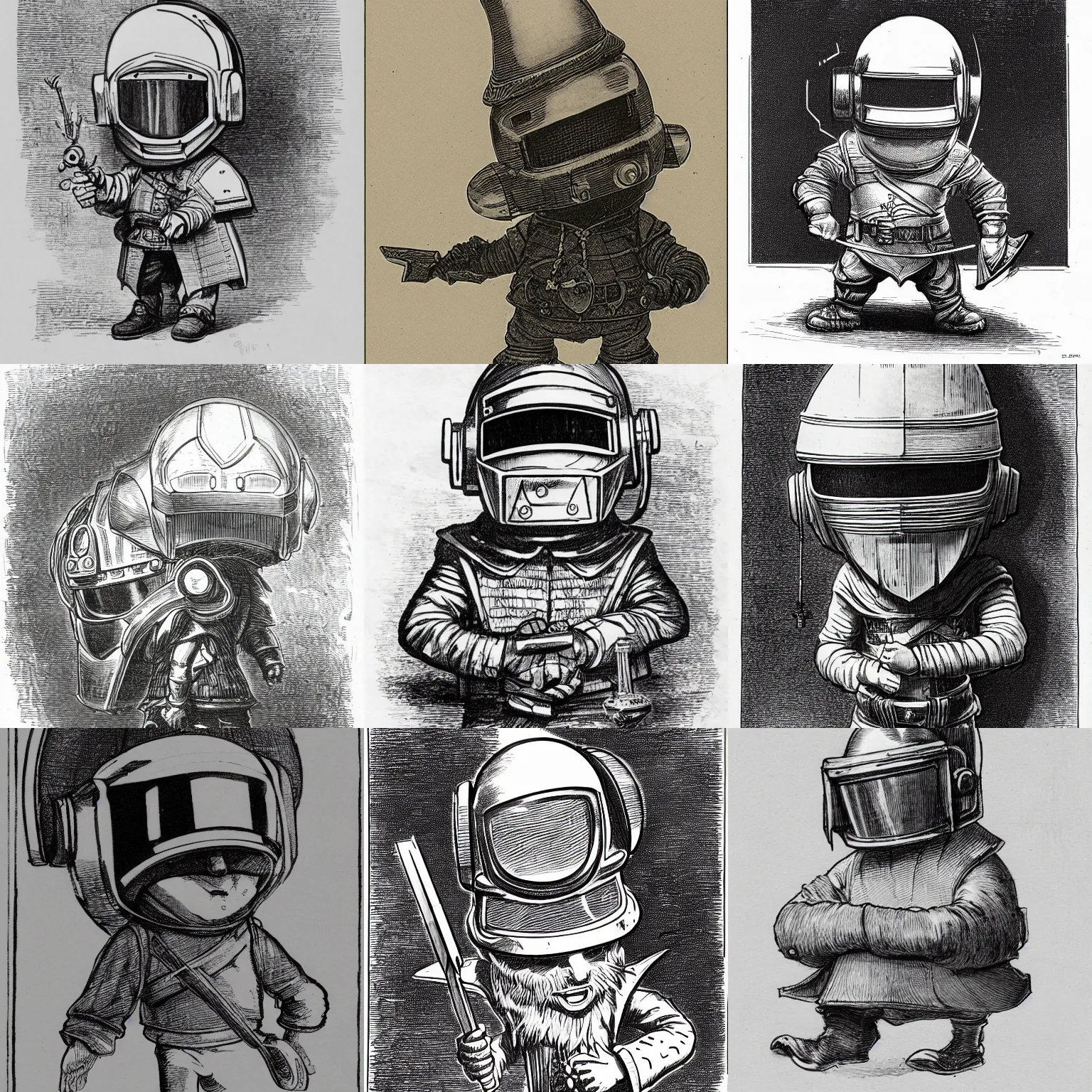 Prompt: sketch of a funny chibi dnd gnome mechanic wearing a daft punk helmet, etching by louis le breton, 1 8 6 9, 1 2 0 0 dpi scan