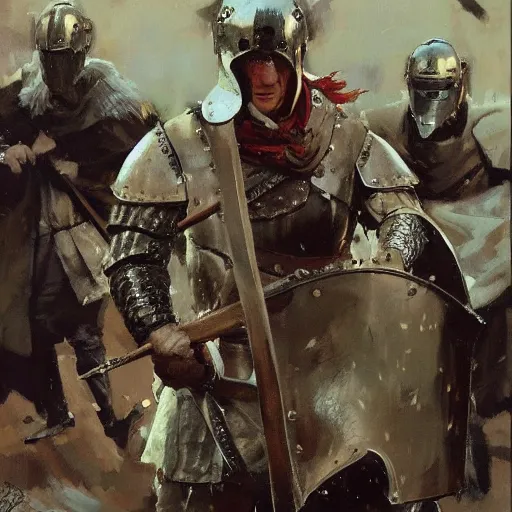 Image similar to man wearing gambeson and medieval helmets, swining sword, fighting, detailed by greg manchess, craig mullins, bernie fuchs, walter everett