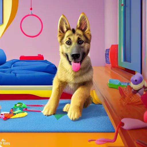 Image similar to eye - level view, in a child's bedroom filled with toys, a super cute gsd runs around in circles on an unmade bed with a toy story comforter, hilarious, funny, back to school comedy, cg animation, 3 d octane render, imax 7 0 mm,