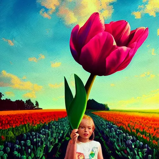 Image similar to girl with one single giant tulip as a head, surreal photography, flower field, sunset dramatic light, impressionist painting, colorful clouds, blue sky, digital painting, artstation, simon stalenhag