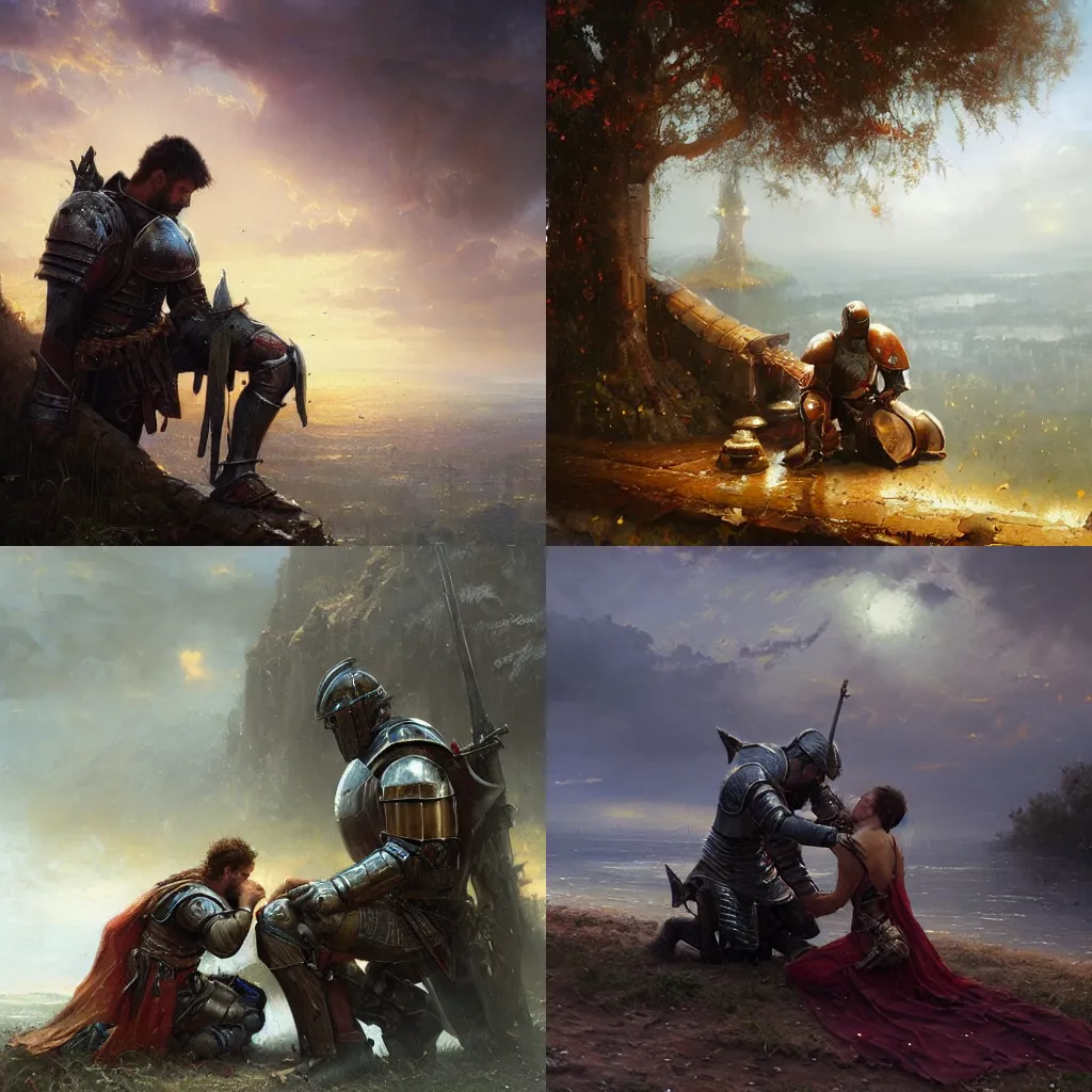 Prompt: masterpiece a knight kneeling over his fallen friend and crying crying crying, by Greg Rutkowski Thomas Kincade, detailed, 4k, cinematic, intense, gritty, fantasy, melancholy