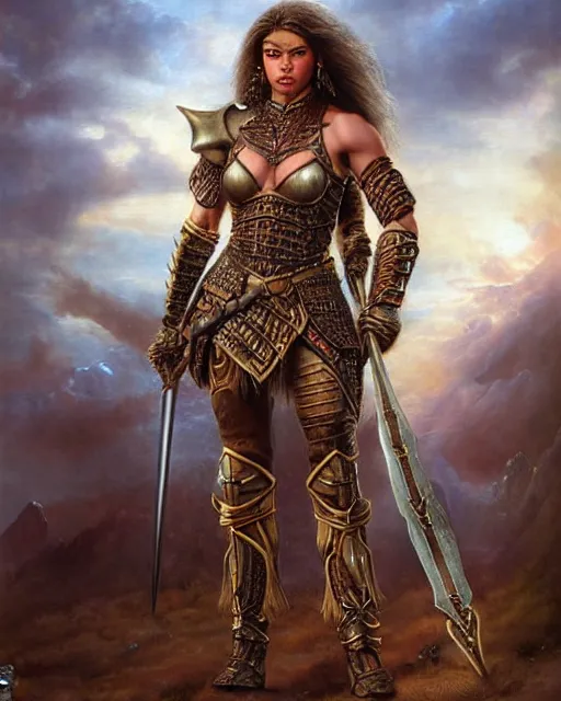 Image similar to a fierce and muscular warrior princess in full armor, fantasy character portrait by howard david johnson