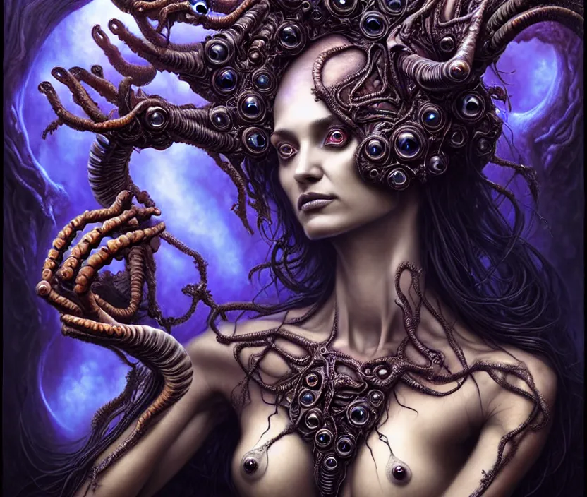 Image similar to A beautiful detailed alien goddess woman with 6 arms super dark tarot card, gorgeous model face by Stanley Artgerm, by tomasz alen kopera and Justin Gerard, 4 eyes, beautiful symmetrical features, ominous, magical realism, melting, texture, intricate, ornate, royally decorated, melting, whirling smoke, embers, purple adornments, blue torn fabric, radiant colors, fantasy, trending on artstation, volumetric lighting, micro details, 3d sculpture, ray tracing, 8k, anaglyph effect