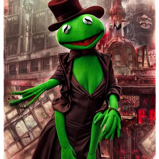 Image similar to High resolution DSLR photograph of Kermit The Frog as a vampire covered in blood Anime Bioshock steampunk realistic shaded lighting by katsuhiro otomo ghost-in-the-shell, magali villeneuve, artgerm, rutkowski Jeremy Lipkin and Giuseppe Dangelico Pino and Michael Garmash and Rob Rey