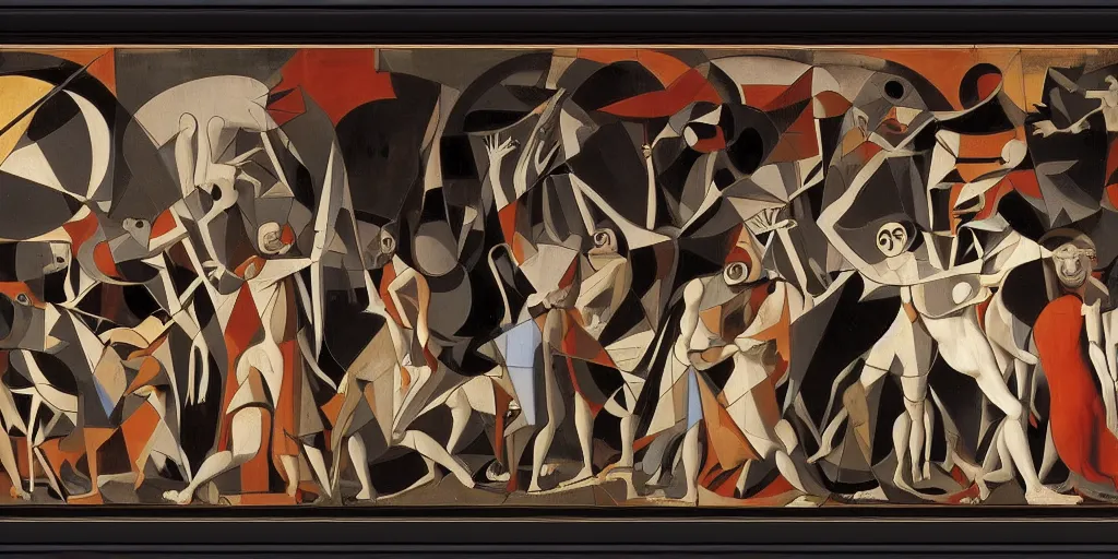 Image similar to An asymmetry still frame of Guernica by Michaelangelo, by Leonardo Da Vinci, by Raphael