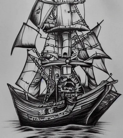 Image similar to A realism black and white tattoo design sketch of a pirate ship, highly detailed tattoo, shaded tattoo, hyper realistic tattoo