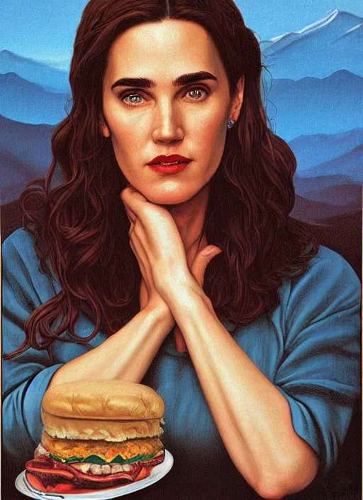 Prompt: portrait of jennifer connelly owner of diner, twin peaks poster art, from scene from twin peaks, by michael whelan, rossetti bouguereau, artgerm, retro, nostalgic, old fashioned