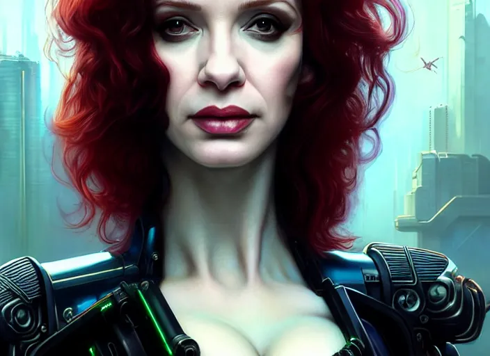 Prompt: portrait shot of a christina hendricks wearing cyberpunk clothing in cyberpunk 2 0 7 7, intricate, elegant, highly detailed, centered, digital painting, artstation, concept art, smooth, sharp focus, illustration, artgerm, tomasz alen kopera, peter mohrbacher, donato giancola, joseph christian leyendecker, wlop, boris vallejo