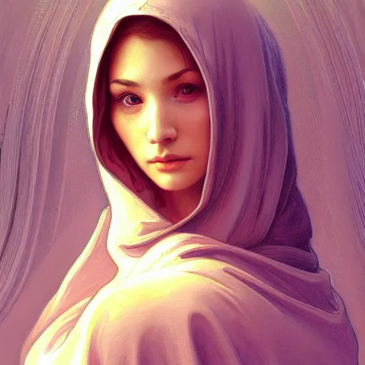 Prompt: Portrait of a young woman wearing a hooded robe, in a trance, non-centered shot, unique, intricate, elegant, highly detailed, digital painting, artstation, concept art, smooth, sharp focus, illustration, art by artgerm and greg rutkowski and alphonse mucha, by beksinski