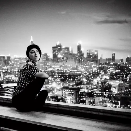 Prompt: young woman with short white hair and grey eyes. She is apathetic. She wears punk clothing. She is sitting on a rooftop ledge. The ledge overlooks a modern city skyline. The stars are out.