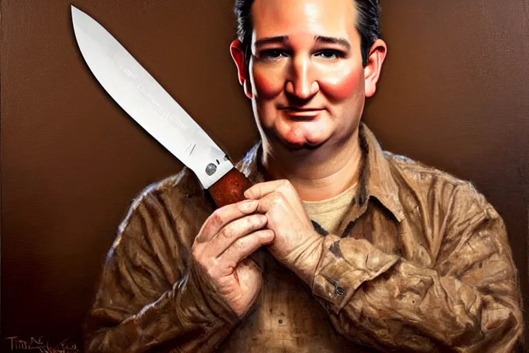 Image similar to portrait of ted cruz wearing a burlap sack with a knife at night in texas, an oil painting by ross tran and thomas kincade