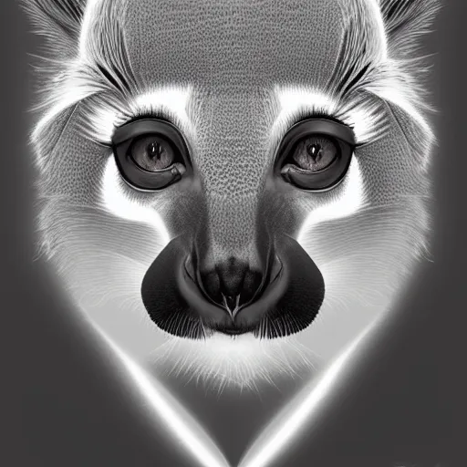 Image similar to geometric symmetrical synthetic lemur, moon in the background, intricate, elegant, highly detailed, digital painting, artstation, concept art, smooth, sharp focus, illustration, art by artgerm