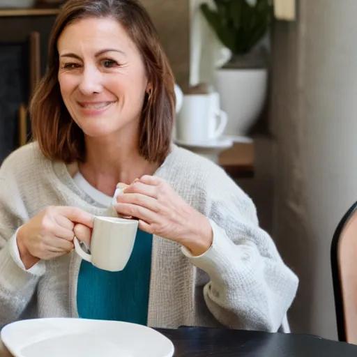 Prompt: Karen sipping coffee at the breakfast table