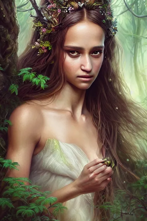 Image similar to hyper - realistic, gorgeous!!! woman resembling alicia vikander as a fairy princess in the woods, elegant, cute, divine aura, nature goddess, dungeons and dragons, intricate, highly detailed, artstation, digital painting, character design, concept art, illustration, sharp focus, art by artgerm & jeehyung lee & wlop