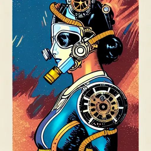 Image similar to a tarot card of a female diver with a oxygen mask intricate clockwork detailed mask with front profile by MARVEL comics and Sandra Chevrier