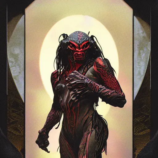 Image similar to ultra detailed vector image of predator yautja, concept art by alphonse mucha and greg rutkowski, scary shadows, blood moon eclipse, polaroid octane render, laminal space