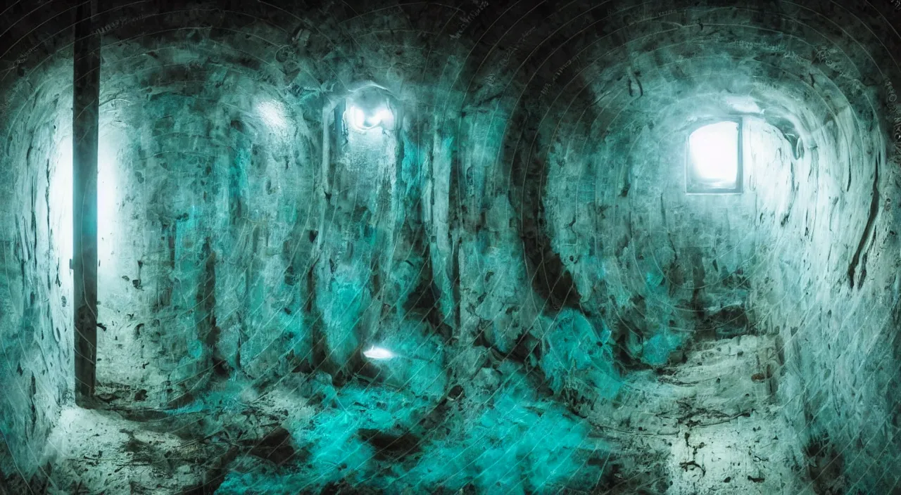 Prompt: deep dark underwater interior inside a water tank water tower claustrophobic confined space teal metal volumetric lighting photography footage