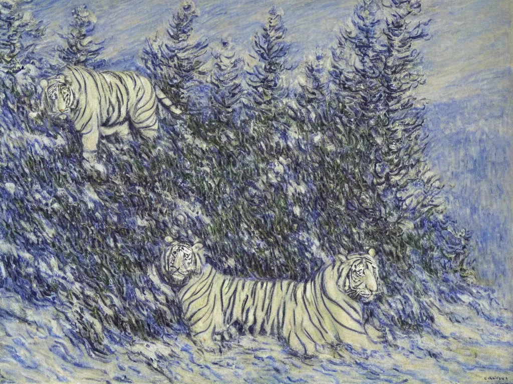Prompt: a white tiger on a snowy mountain, painted by monet