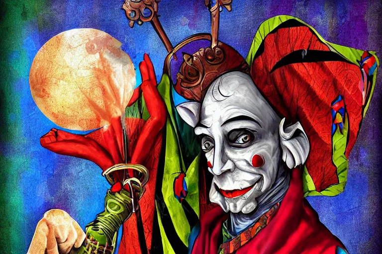 Image similar to medieval jester, colorful, sinister, digital art,